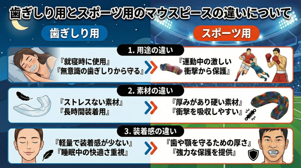 歯ぎしり用とスポーツ用の
マウスピースの違いについてのサムネイル画像